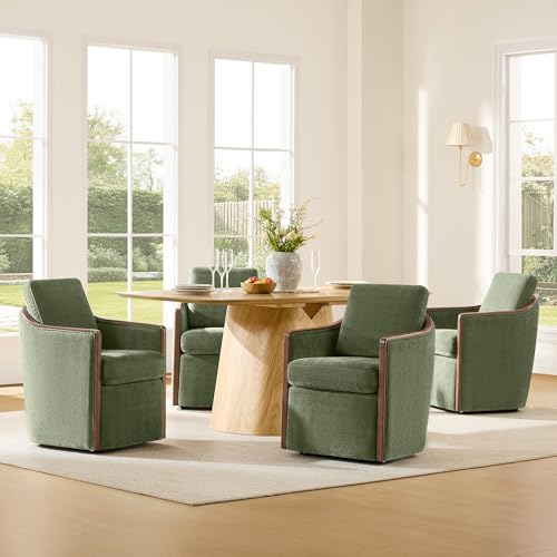 CHITA Upholstered Dining Chairs Set of 4 with Hidden Casters, Moss Green | Fully Assembled Modern Dining Chair with Backrest & Wood Armrest, Chenille Barrel Chairs for Dining Room, Kitchen Chairs - color: Moss Green, size: set of 4