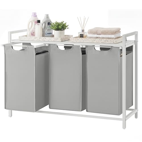 SONGMICS HOME Laundry Basket Sorter with Storage Shelf, Laundry Hamper with Metal Frame, 3 x 10.6 Gallons (40 L), Gray and White - color: Gray + White, size: 3 Bags-120L