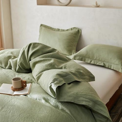 Simple&Opulence 100% Linen Duvet Cover Set with Crossed Embroidery Washed - 3 Pieces (1 Duvet Cover with 2 Pillow Shams) Soft Breathable Farmhouse - Sage Green, Queen Size - color: Crossed-sage Green, size: Queen