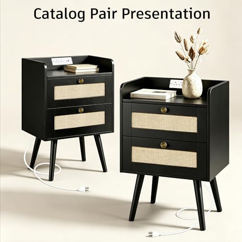 Rattan Nightstands Set of 2, Boho Bedside Table with 2 Drawers | Nightstands Set of 2 with Charging Station, Open Storage End Tables for Bedroom, Small Spaces and Dorm, Solid Wood Legs,Black - color: Black