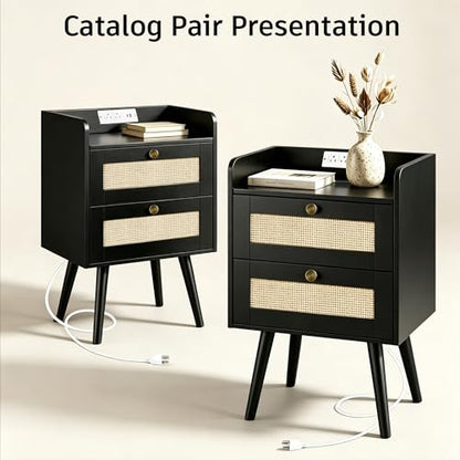 Rattan Nightstands Set of 2, Boho Bedside Table with 2 Drawers | Nightstands Set of 2 with Charging Station, Open Storage End Tables for Bedroom, Small Spaces and Dorm, Solid Wood Legs,Black - color: Black