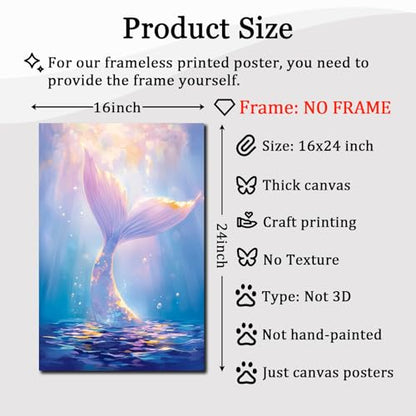 Coastal Beach Wall Art Mermaid Tail Artwork Blue Ocean Prints Trendy Girl Posters Ocean Life Pictures Summer Beach Paintings Trendy Funky Posters Aesthetic Summer Pictures for Room 16x24in Frameless - color: E2Unframed