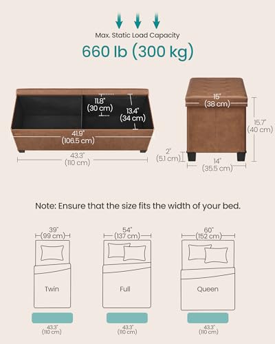 SONGMICS Storage Ottoman Bench with Legs, Folding Ottoman Foot Rest with Flipping Lid, Bench with Storage, for Living Room, Bedroom, Entryway, Synthetic Leather, 43.3 Inches, Coffee Brown ULSF085KQ01 - color: Coffee Brown, style: with Flipping Lid