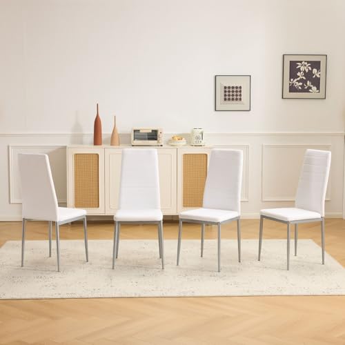 Karl home White Dining Chairs Set of 4, PU Leather & High Back | Kitchen chairs with padded seats & foot cap protection for dining kitchen living room,300lbs capacity,space-saving - color: White, size: Set of 4