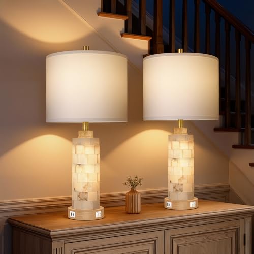 KIVDITZO 27" Alabaster and Wood Table Lamps Set of 2 with Night Light | Nightstand Lamps with USB Ports, White Linen Fabric Shade, Bedside Lamp for Living Room Bedroom Home Office Hotel Bar House - color: Cream White