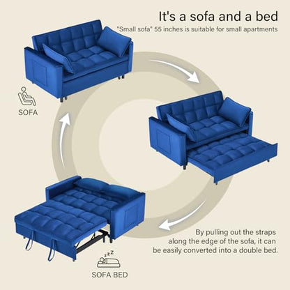 3 in 1 Convertible Sleeper Sofa Bed, Velvet Loveseat Futon Pull-Out Couch with Adjustable Reclining Backrest, Side Pockets and Pillows for Living Room, Bedroom, Apartment, Small Spaces (Blue-Velvet) - color: Blue-velvet