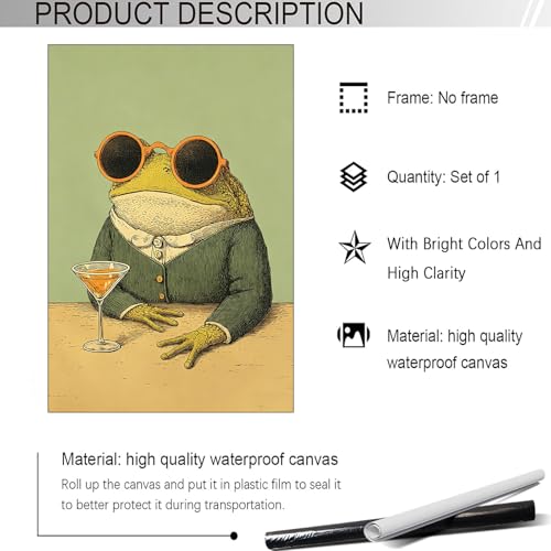 Funny Frog With Cocktail Poster Whimsical Animal Canvas Wall Art Abstract Cute Anthropomorphic Animal Prints Painting For Living Room Bedroom Apartment Wall Decor 24x36in Unframed - color: style 04, size: 24"L x 36"W