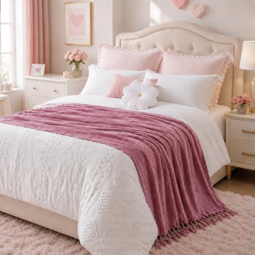 BATTILO HOME Pink Chenille Throw Blanket for Couch, Soft Cozy Textured Knit Throw Blanket with Handmade Fringe Tassels, Lightweight Decorative Farmhouse Blanket for Sofa Bed Chair, 50"x60" | Soft Chenille Knit with Handmade Fringe Tassels, Lightweight, Co