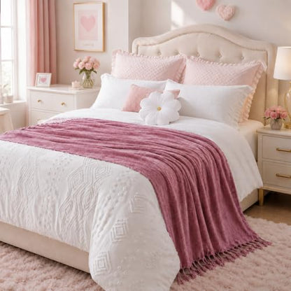 BATTILO HOME Pink Chenille Throw Blanket for Couch, Soft Cozy Textured Knit Throw Blanket with Handmade Fringe Tassels, Lightweight Decorative Farmhouse Blanket for Sofa Bed Chair, 50"x60" | Soft Chenille Knit with Handmade Fringe Tassels, Lightweight, Co