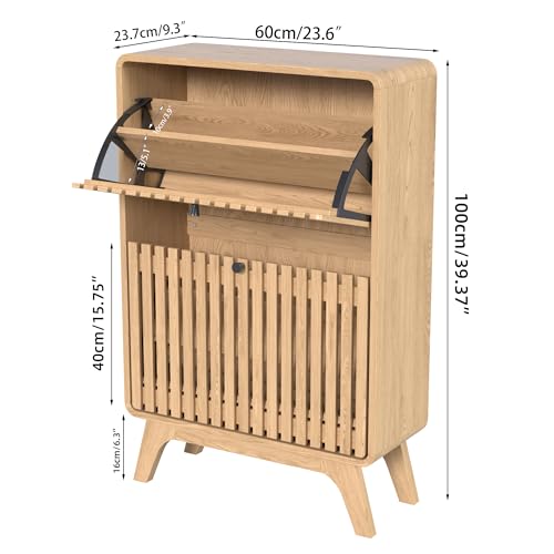 Jluomei Narrow Shoe Cabinet Storage for Entryway, Modern Cabinet Rack with 2 Flip Drawers, Slim Wood Fluted Entry Way Shoe Organizer, Wooden, Small, Farmhouse, Freestanding, Natural Oak - color: Natural