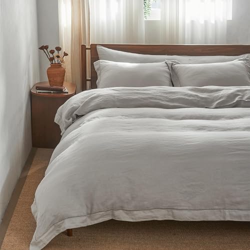 Simple&Opulence 100% Washed Linen Duvet Cover Set with Embroidered,3 Pieces Soft Farmhouse Comforter Set with Button Closure,1 Duvet Cover and 2 Pillowshams(Full,Grey) - color: Embroidery Grey, size: Full
