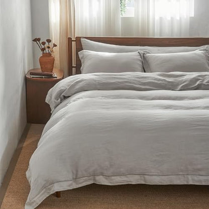 Simple&Opulence 100% Washed Linen Duvet Cover Set with Embroidered,3 Pieces Soft Farmhouse Comforter Set with Button Closure,1 Duvet Cover and 2 Pillowshams(Full,Grey) - color: Embroidery Grey, size: Full