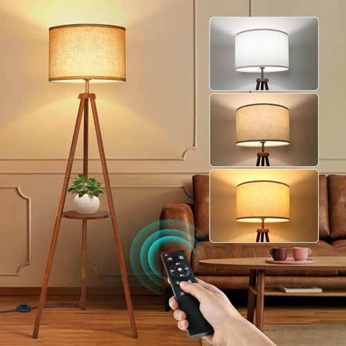 OUTON Wood Tripod Floor Lamp with Shelves, Mid Century LED Modern Dimmable Floor Lamp with Remote Control, Sturdy Tall Standing Lamp with Beige Linen Texture Shade for Living Room, Bedroom, Office - color: Walnut