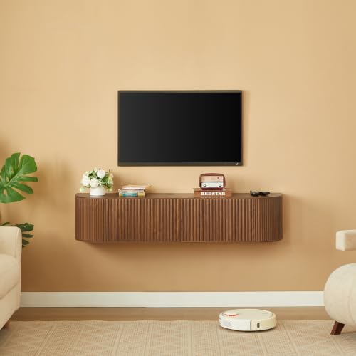LUMISOL 55” Wall Mounted Floating TV Cabinet with Fluted Doors, Media Console with Cable Management Holes for Living Room, Bedroom, Walnut - size: 55.12"L x 12.6"W x 11.81"H