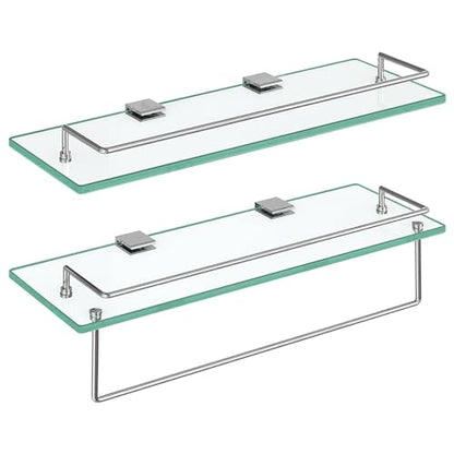 HOOBRO Glass Shelves for Bathroom, 15.7 Inch Floating Glass Shelf for Wall, Set of 2 Tempered Stainless Steel Wall Mounted Stand for Toilet, Room Decor, Silver SV02BJ01