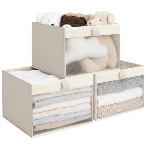 StorageWorks Storage Bins with Clear Window, Large Fabric Closet Organizer for Clothes, Collapsible Storage Baskets with PU Handles, Beige, 3-Pack - color: Beige(Cool Silky Fabric), size: 12 ¾" L x 12 ¾" W x 9" H