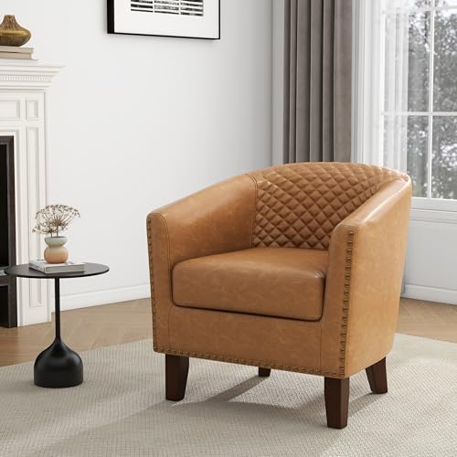 Faux Leather Accent Chair, Modern Barrel Club Chair, Coffee | Comfy Upholstered Armchair for Living Room, Round Club Chair Single Sofa Bedroom Reading Seat | 26"D*29"W*29"H - color: Coffee Brown