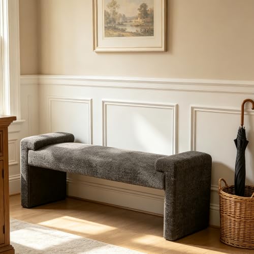 Upholstered Entryway Bench, 58.7" Modern Bedroom Bench, Brown | Sherpa Fleece, Curved Armrests, Solid Wood Frame, End of Bed, Bedroom, Living Room, Hallway - color: Brown-sherpa, size: 58.7"