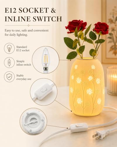Ceramic Vase Table Lamp - 2700K Bulb & 3 Artificial Flowers Included | Handmade Openwork Craft - Inline Switch - E12 Socket - Dandelion 9" - style: Dandelion