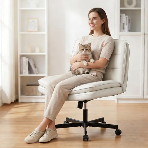 GTPLAYER Cross Legged Office Chair, Armless Desk Chair Cute Vanity Chair with Wheels Computer Chair Comfy Wide Office Chair Adjustable Swivel for Home Computer Task,Pu Leather Beige - color: Velvet-dark Gray, size: Small