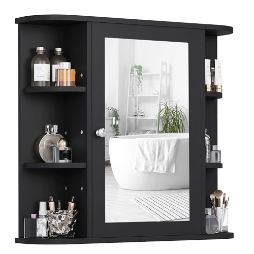 Shintenchi Bathroom Medicine Cabinet with Mirror, Wall Mounted, Black - color: Black