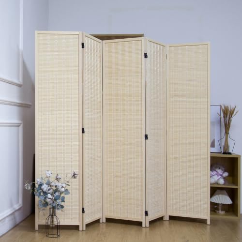 5 Panel Bamboo Room Divider, 5.6 ft Tall Folding Privacy Screen, Freestanding Room Partition Wall in Natural Beige for Home & Office and Room Separation (67" H x 76.8" W) - color: Beige, size: 5 Panel