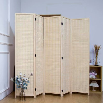 5 Panel Bamboo Room Divider, 5.6 ft Tall Folding Privacy Screen, Freestanding Room Partition Wall in Natural Beige for Home & Office and Room Separation (67" H x 76.8" W) - color: Beige, size: 5 Panel