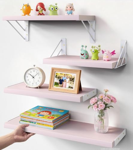 BAYKA Wall Shelves for Bedroom Decor, Pink Floating Wall Shelf for Living Room Kitchen Storage,Mounted Rustic Wood Shelves for Kids Books, Corner Shelf for Bathroom(16in，Set of 4) - color: H. Pastel Pink Board & White Brackets, size: 16-inch