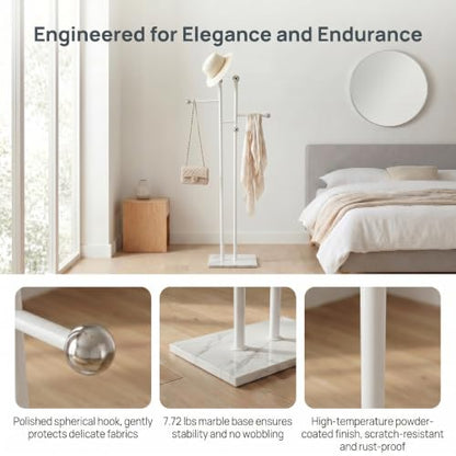 Bedroom Coat Rack Freestanding, Heavy White Marble Base | 1.0mm thickened white metal tree with 8 stainless steel hooks. Anti-toppling organizer for modern bedroom & living room. - color: all white