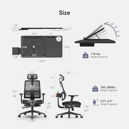 Ergonomic Home Office Chair-Office Desk Chair with Footrest, Auto-Following Backrest & Headrest, 4D Armrests, 96°-136° Recline (Black, with Laptop Table + 2D Headrest) - color: Black, size: With Laptop Table + 2D Headrest