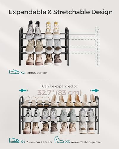SONGMICS Expandable Shoe Rack, 2 Tier Shoe Rack Shelf, Adjustable Shoe Organizer Storage for 15 Pairs of Shoes, Metal Free Standing Shoe Racks for Closet, Front Door Entryway, Easy Assembly, Ink Black - size: 2 Tier (16.5"H)