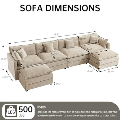 Modular Sectional Sofa, 147.2 Inch U Shaped Couch Set with Armrests, 4-Seater Comfy Cloud Couches with Movable Ottoman for Living Room Apartment, Coffee - color: Coffee, size: 147.2'' - U Shape