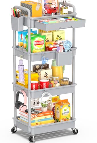 SUNALLY 4 Tier Rolling Cart with Drawer, Craft Storage Cart Organizer, Gray | Bathroom Storage Organizer with 2 Lockable Wheels, Rolling Utility Cart for Kitchen, Office, Baby, Makeup, Nail,Snack,Laundry - color: Gray, size: 4 Tier