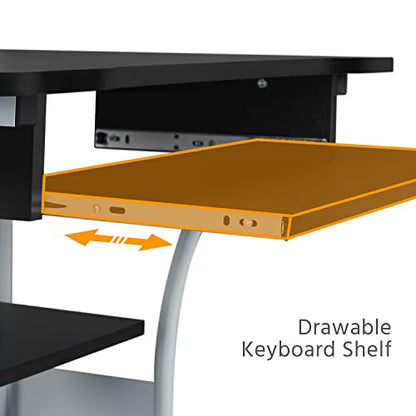 Yaheetech Small 3-Tier Rolling Computer Desk, Power Outlet, Black | Engineered wood tiers and metal frame suit small spaces, holding a monitor, printer, and keyboard tray by a built-in outlet. - color: Black