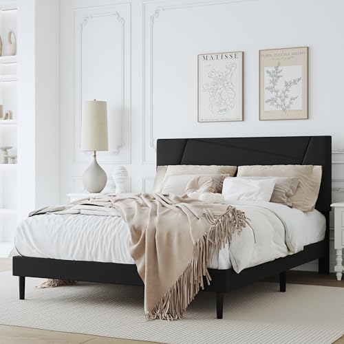 Full Size Upholstered Bed Frame Frame with Headboard，Velvet Black | Geometric Head Board Platform Bed, Sturdy Wooden Slats, Noiseless No Box Spring Required, Easy to Assemble - color: Black, size: Full