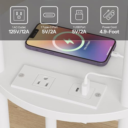 HOOBRO Small Round Side Table with Charging Station, 3-Tier Round Bamboo End Table, Compact Sofa Bedside Table for Small Space, Easy Assembly, for Living Room, Bedroom, Apartment, White WT152UBZ01 - color: White