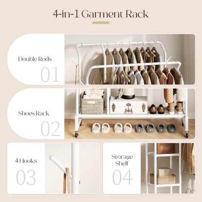 Yoobure Double Rods Clothes Rack - Portable Clothing Rack with Wheels, Rolling Garment Rack with 3-Tier Shelves & 4 Hooks, Freestanding Clothing Racks for Hanging clothes, Coat Rack for Closet Bedroom - color: White