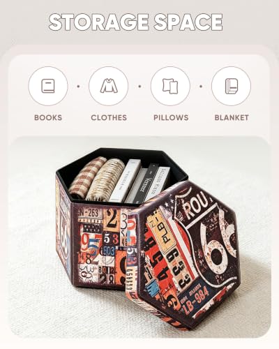 B FSOBEIIALEO Route 66 Storage Ottoman Hexagonal, Faux Leather Foot Rest Seat for Living Room, Storage Organizer 16.93"x15"x15" - size: 16.93*15*15 inches