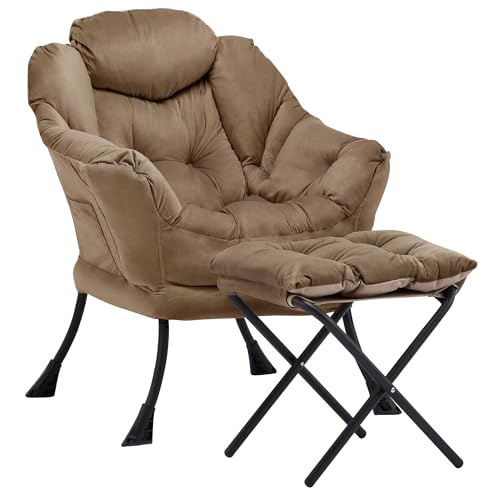 Lazy Chair with Ottoman, Comfy Reading Chair, Brown | Cushioned Seat with Foldable Ottoman and Side Pocket, Lounge Chair for Bedroom, Living Room, Dorm and Small Spaces - color: Brown