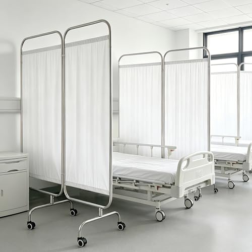 4-Panel Medical Privacy Screen, 79" W X 71" H Portable Room Divider with Lockable Wheels, Movable Stainless Steel Folding Room Partitions for Hospital, Clinic, Bedroom, Salon, White