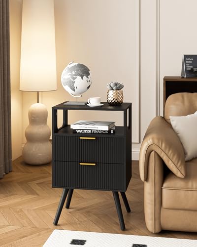 Leomonio Black Nightstand,Modern Bedside Table with 2 Storage Drawer and Open Wood Shelf, for Bedroom and Small Spaces,Night Stand with Solid Wood Legs - color: Black