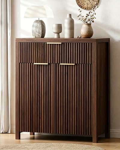 Fluted Buffet Cabinet for Kitchen, 28.3" Sideboard Cabinet Brown | Adjustable Shelves, Quiet Full-Extension Slides, Curved Metal Handle, Coffee Bar with Drawers for Dining Room, Entryway - color: Brown, size: 13.8"D x 28.3"W x 32.7"H
