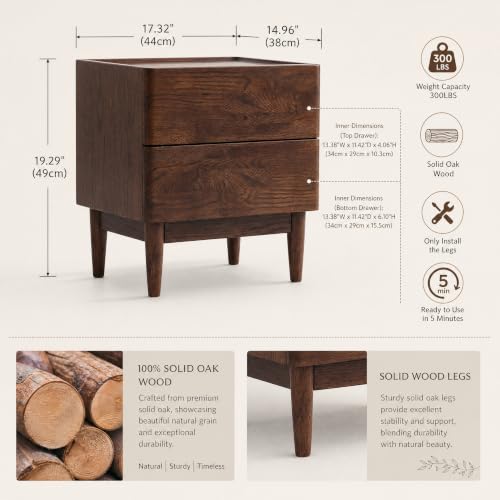 100% Solid Wood Nightstand Set of 2, Mid Century Modern Nightstands with Drawers, Wooden Night Stand for Bedroom, Small Bedside Table for Low Bed(Walnut Finish, Solid Oak Wood) - color: Walnut-19.29"h-2p