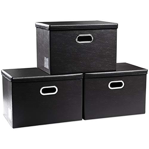 Large Foldable Storage Bins with Lids [3-Pack] Leather Fabric Collapsible Storage Boxes Organizer Containers Baskets Cube with Cover for Home Bedroom Closet Office Black(17.7x11.8x11.8) - color: Black, size: Large(3-Pack)
