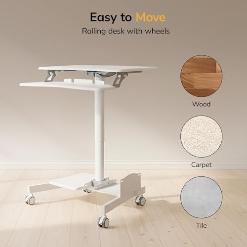 Mount-It! Mobile Computer Cart, Height-Adjustable Rolling Workstation with 28" Desktop, Keyboard Tray, Storage Shelves & Locking Wheels, Mobile Computer Stand for Office, Classroom, or Home