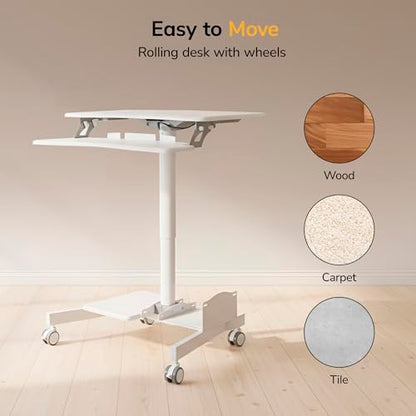 Mount-It! Mobile Computer Cart, Height-Adjustable Rolling Workstation with 28" Desktop, Keyboard Tray, Storage Shelves & Locking Wheels, Mobile Computer Stand for Office, Classroom, or Home