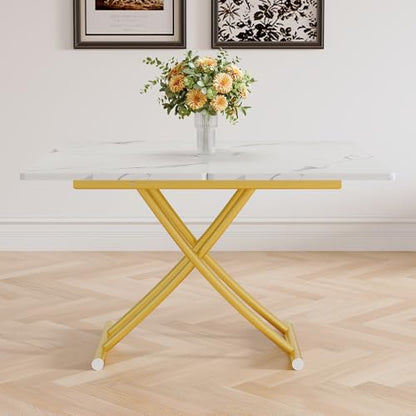 Adjustable Height Coffee Table, Folding Dining Table, White&Gold | Convertible lift top table for use as a coffee table, dining table, home office desk or vanity - color: White & Gold Legs