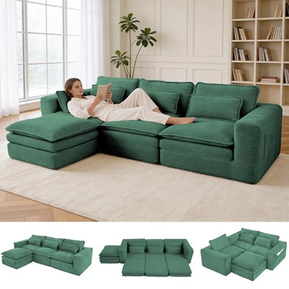 109" L Shape Modular Sectional Sofa with Ottoman, Boneless Couch Three-Layer Deep 3 Seat Convertible Pull Out Sofa Bed Sleeper for Living Room No Assembly 109" L-Green - size: 109"L