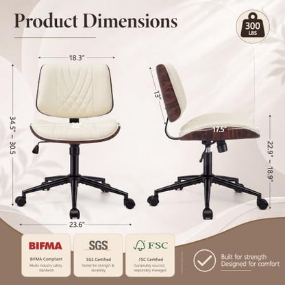 Armless Office Chair, Small Comfy Leather Desk Chair with Wheels | PU Leather, Adjustable Height, Swivel Rolling, Mid Back Computer Chair, Home Bedroom Meeting Room, Beige - color: Beige