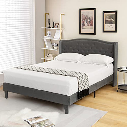 Upholstered Full Bed Frame w/Wood Slats & Noise-Free EVA Foam | Low Velvet Mattress Foundation, Button Tufted Wingback Headboard, No Box Spring Needed, Double Platform Bed Frame Full Size - size: Full